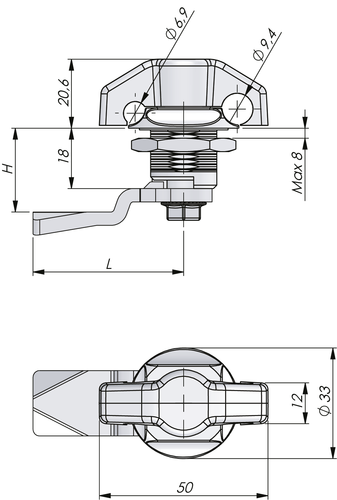 Drehriegelverschluss mit Knebel-Griff 18 mm Drehriegelverschluss mit Knebel-Griff 18 mm