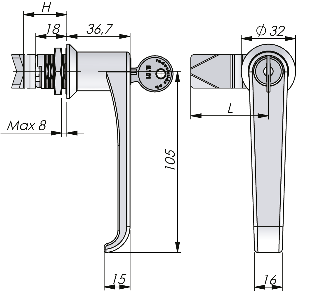 Drehriegelverschluss mit L-Griff 18 mm Drehriegelverschluss mit L-Griff 18 mm