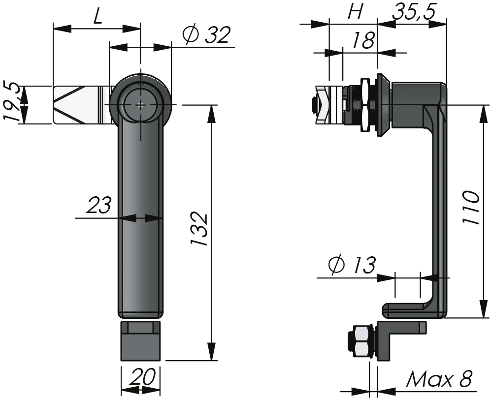 Drehriegelverschluss mit L-Griff 18 mm Drehriegelverschluss mit L-Griff 18 mm