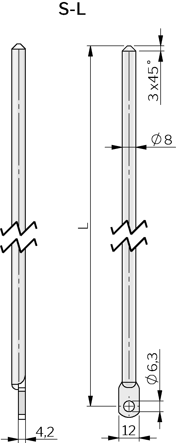 Rundstangen mit spitzem Ende (S-L) aus Stahl Rundstangen mit spitzem Ende (S-L) aus Stahl
