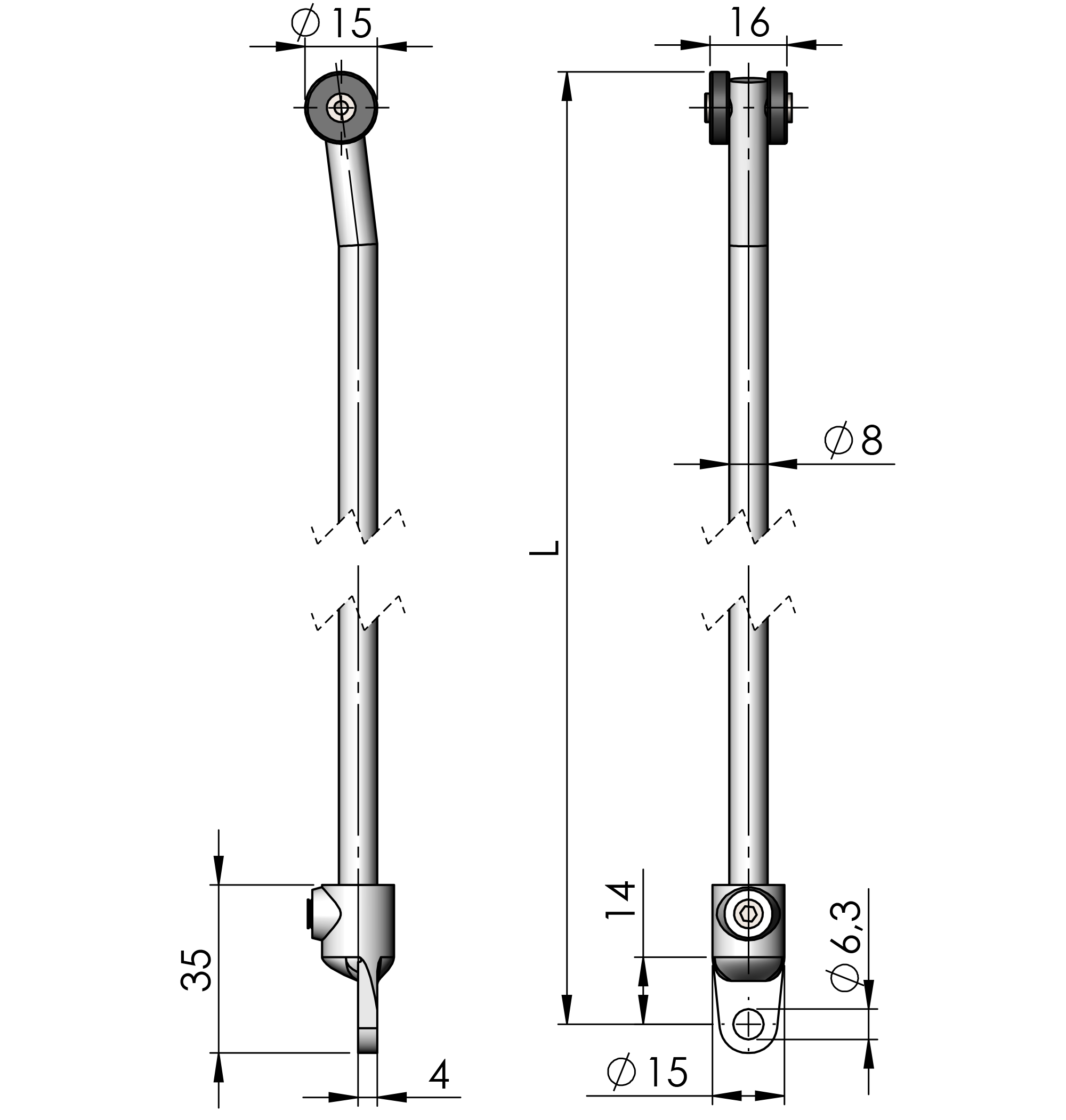 Rundstangen für Adapter 15 mm Rollen (R) aus Stahl Rundstangen für Adapter 15 mm Rollen (R) aus Stahl