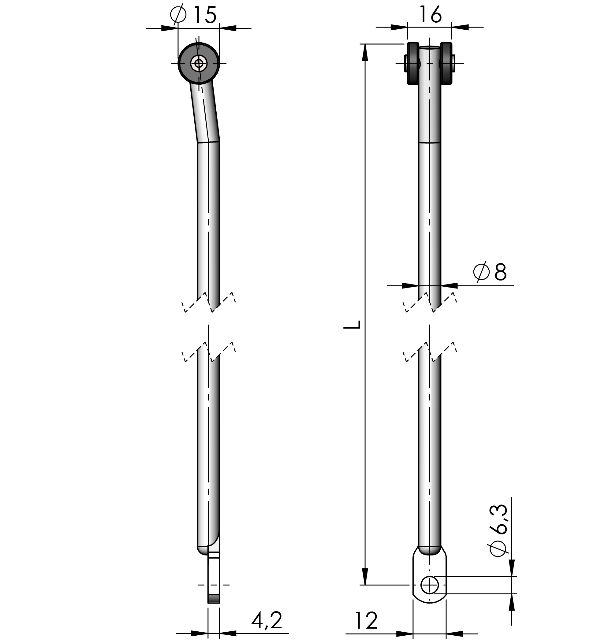 Rundstangen mit Auge 15 mm Rollen (R-L) aus Stahl Rundstangen mit Auge 15 mm Rollen (R-L) aus Stahl