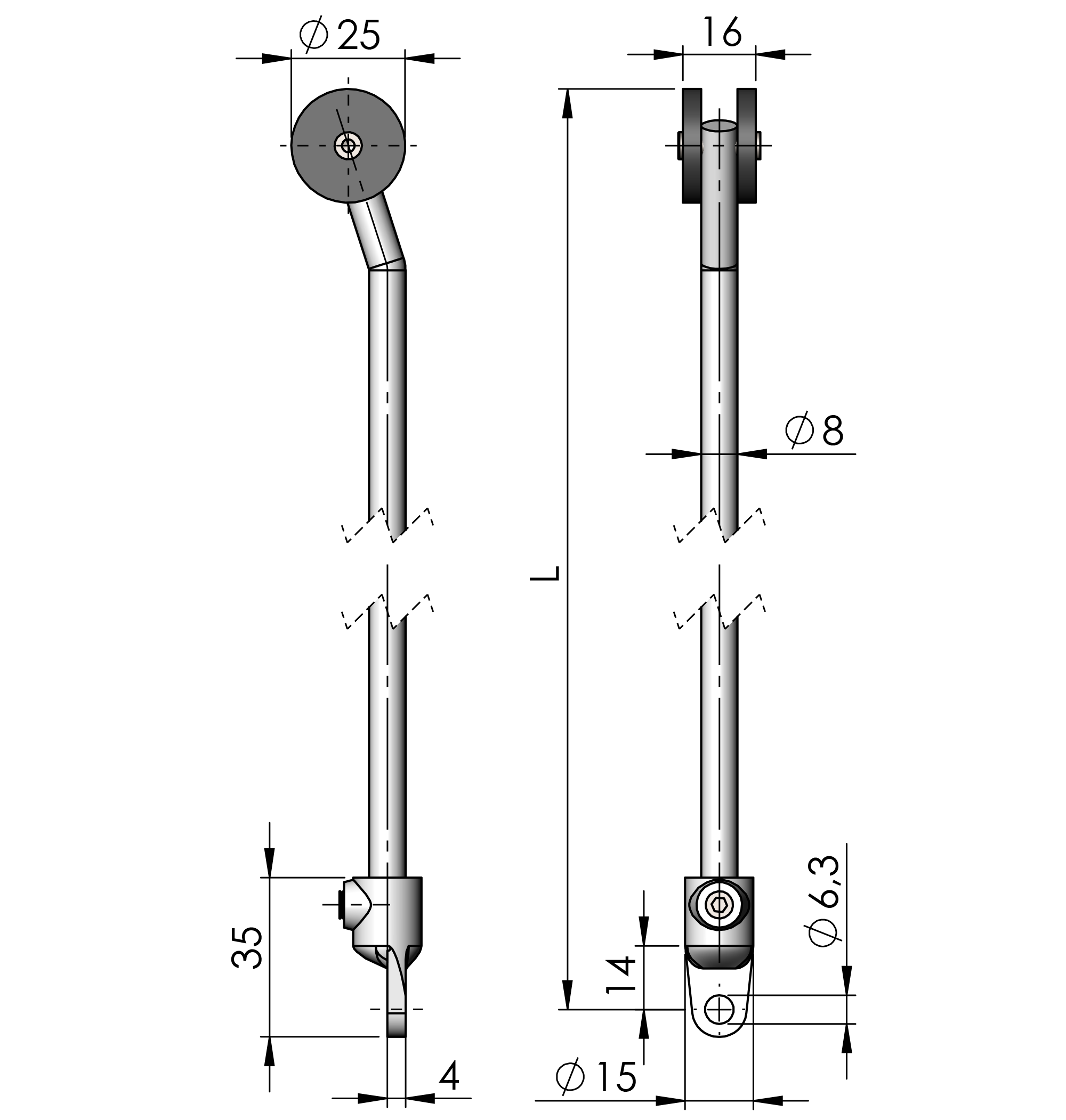 Rundstangen für Adapter 25 mm Rollen (R) aus Stahl