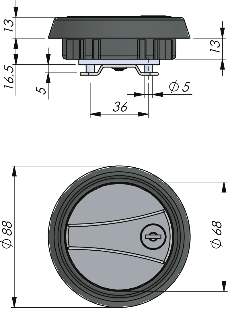 Drehriegelverschluss mit runder Griffschale Drehriegelverschluss mit runder Griffschale