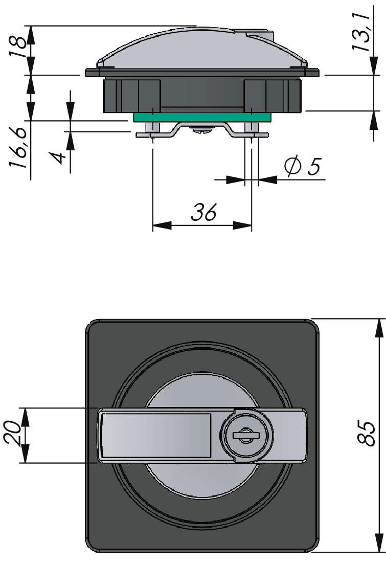 Drehriegelverschluss mit quadratischer Griffschale Drehriegelverschluss mit quadratischer Griffschale
