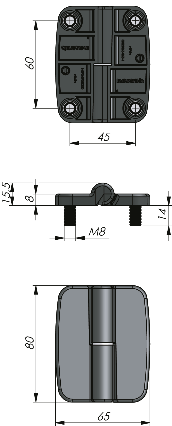 Außenliegendes aushängbares Scharnier 80 x 65 mm 180°