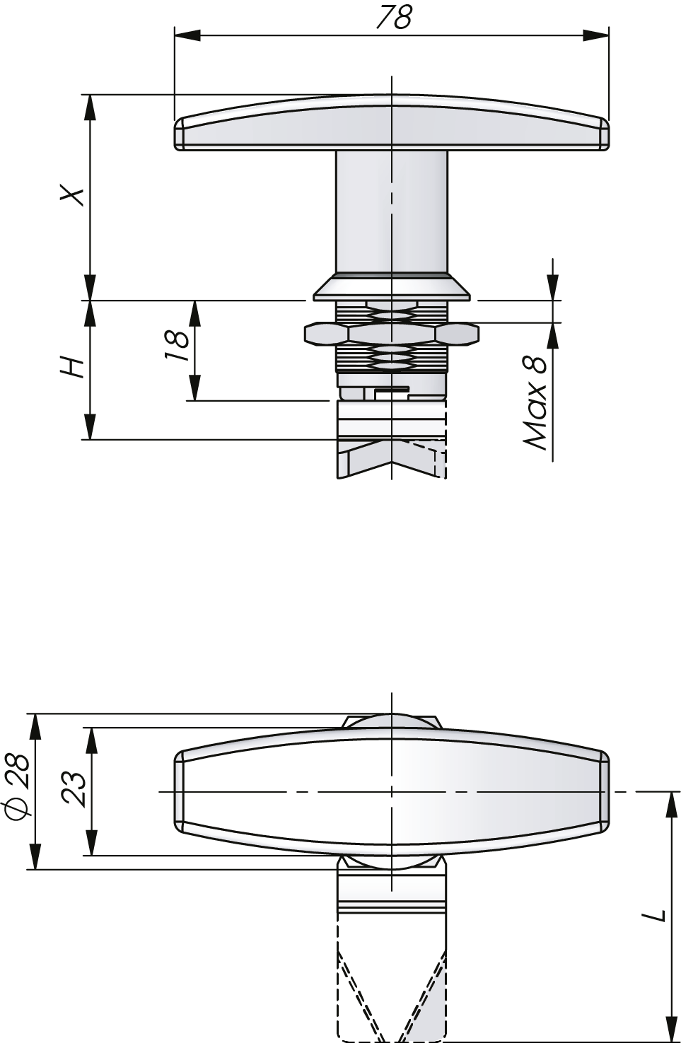 Drehriegelverschluss mit T-Griff aus Edelstahl 18 mm