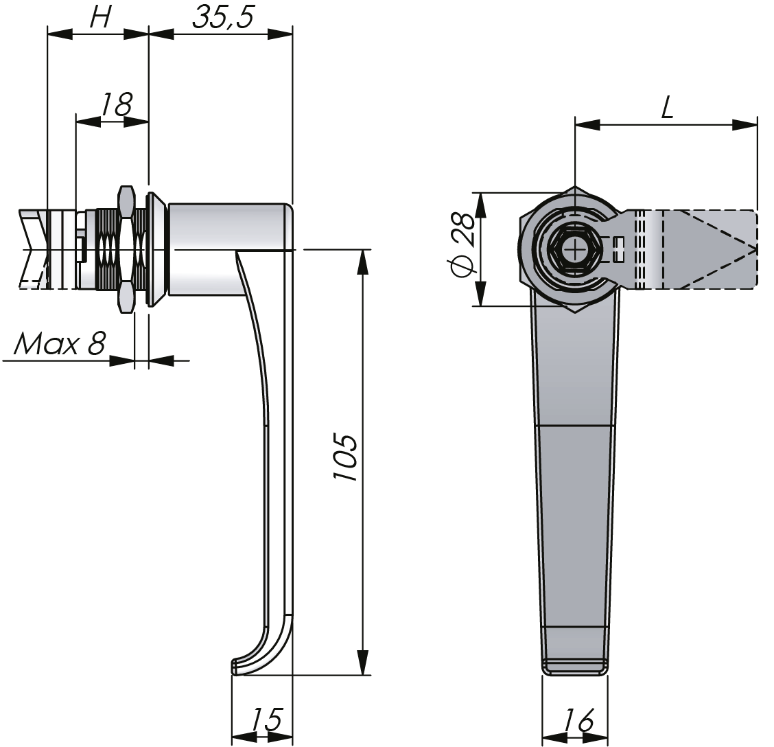 Drehriegelverschluss mit L-Griff aus Edelstahl 18 mm Drehriegelverschluss mit L-Griff aus Edelstahl 18 mm