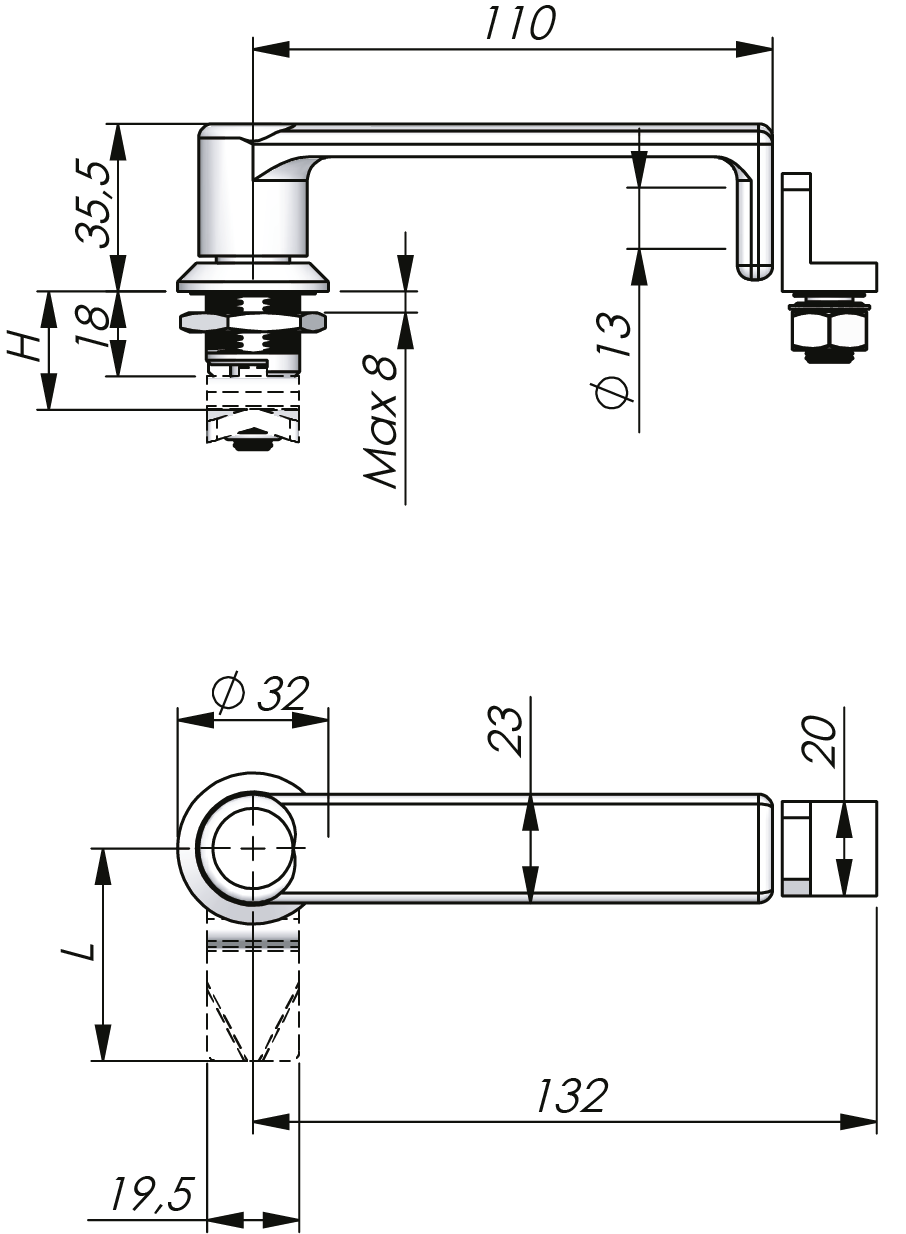 Drehriegelverschluss mit L-Griff aus Edelstahl 18 mm Drehriegelverschluss mit L-Griff aus Edelstahl 18 mm