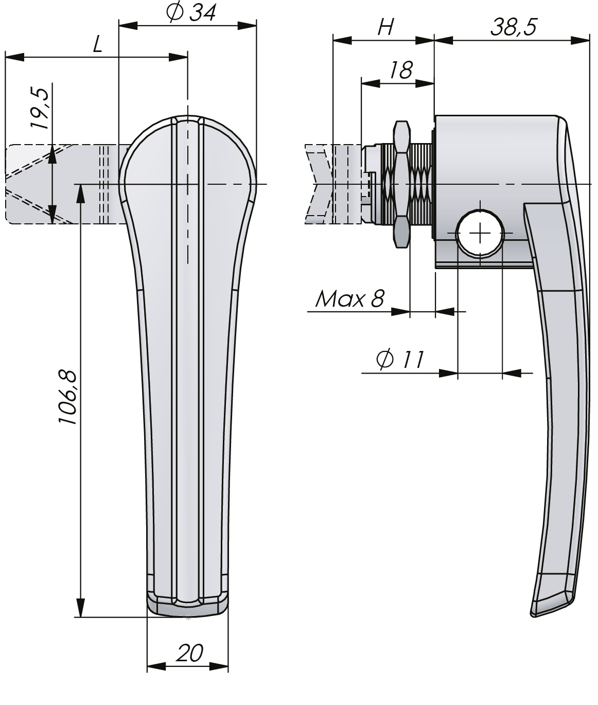 Drehriegelverschluss mit L-Griff aus Edelstahl 18 mm Drehriegelverschluss mit L-Griff aus Edelstahl 18 mm